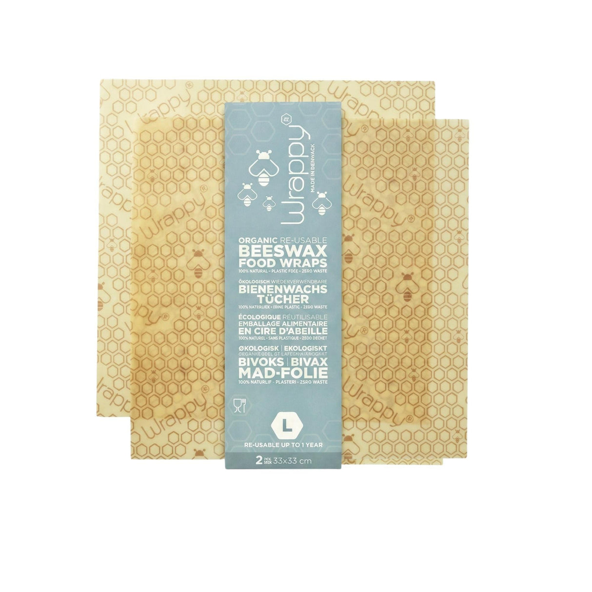 Wrappy Bivokspapir Large 2 stk i beige med bikubemønster, sett ovenfra med emballasje i midten