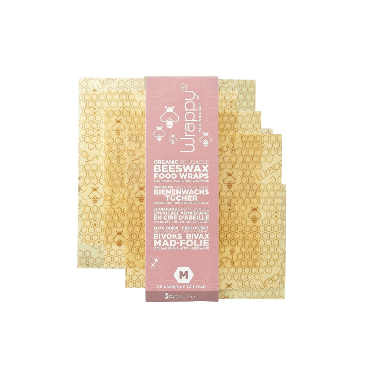 Wrappy Bivoksinnpakning Medium 3 stk i beige med honningmønster, vist i emballasje mot hvit bakgrunn