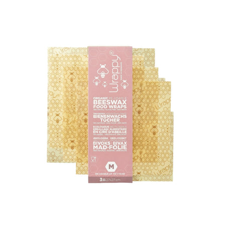 Wrappy Bivoksinnpakning Medium 3 stk i beige med honningmønster, vist i emballasje mot hvit bakgrunn
