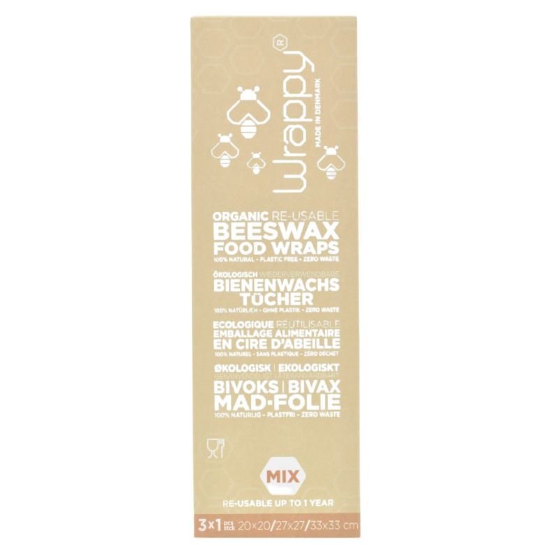Wrappy bivokspapir i mix S/M/L 3 ark i brun emballasje med hvit tekst og bieillustrasjoner