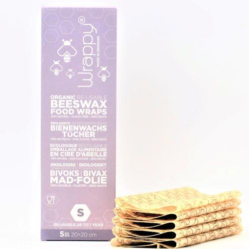 Wrappy bivoksinnpakning Small 5 stk naturfarget i bomull og bivoks, med emballasje ved siden av