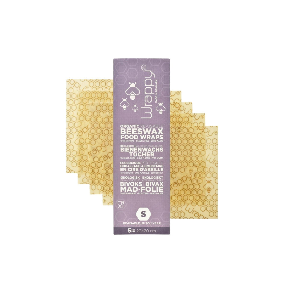 Wrappy Bivoksinnpakning Small 5 stk naturfarget i bomull og bivoks, vist i emballasje med flere ark bak