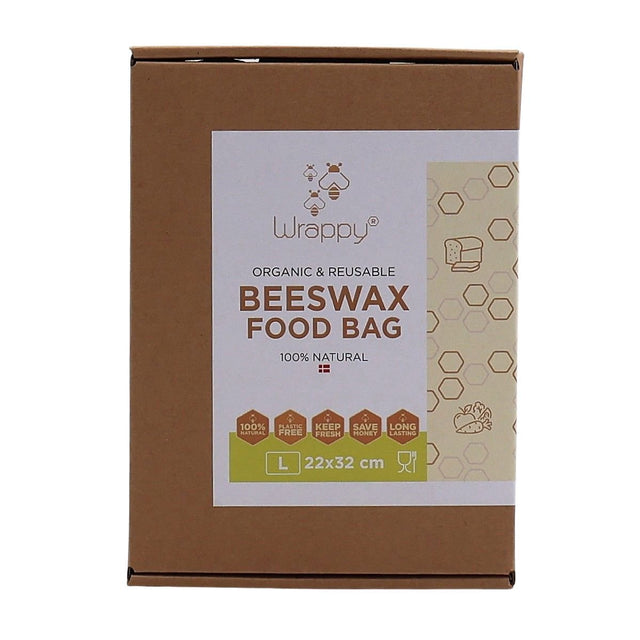 Wrappy brødpose Large i bivoksinnpakning, vist i emballasje med produktinformasjon Suztain.no