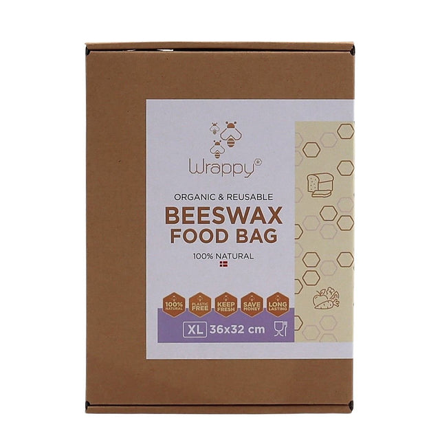 Wrappy bivoks matpose XL i naturfarget papp, vist i emballasje med produktinformasjon på forsiden Suztain.no