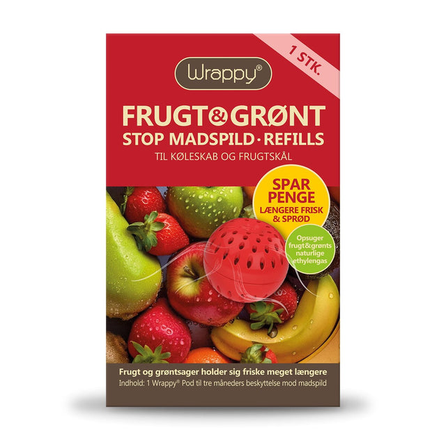 Wrappy® Matinnpakning & friskhet Pods Refill i rød eske med fruktmotiv, vist i emballasje Suztain.no
