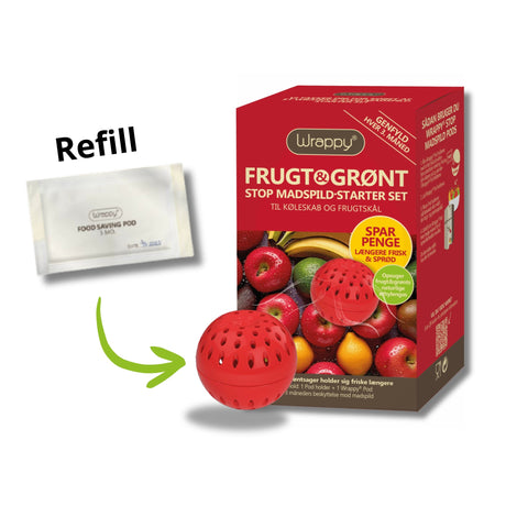 Wrappy Matinnpakning & friskhet Pods Refill i hvit pose med rød beholder og eske i bakgrunnen