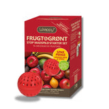 Wrappy Matinnpakning & friskhet Pods, rød pod og eske med fruktmotiv, sett fra siden