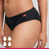 WUKA Basics™ Hipster menstruse Heavy Flow i svart bomull, sett fra siden med fire dråpesymboler nederst
