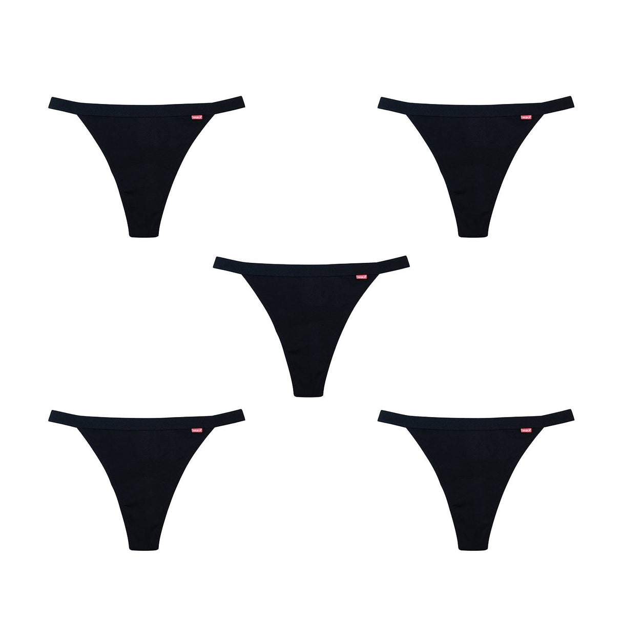 WUKA Basics™ Thong Light Flow i svart bomull, fem truser arrangert i et kryssmønster