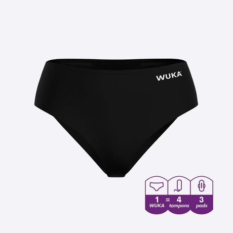 WUKA Teen Stretch Seamless menstruse, Heavy flow, svart i tekstil, med informasjonsgrafikk om absorpsjon