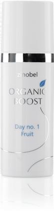 Zinobel dagkrem Organic Boost Day No. 1 Fruit 50 ml hvit i plast, nærbilde av etikett med logo og tekst