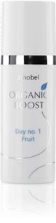 Zinobel dagkrem Organic Boost Day No. 1 Fruit 50 ml hvit i plast, nærbilde av etikett med logo og tekst