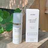 Zinobel Organic Boost Night No. 1 Naturel 50 ml hvit i plast, flaske og eske side om side på treunderlag