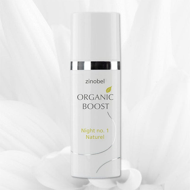 Zinobel Organic Boost Night No. 1 Naturel 50 ml hvit i plast, nærbilde av flaskens etikett Suztain.no