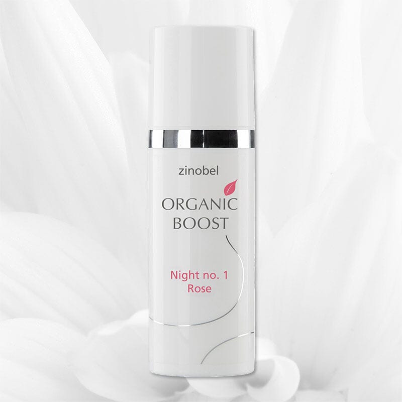Zinobel Organic Boost Night No. 1 Rose 50 ml hvit i plast og metall, sett forfra med hvit bakgrunn
