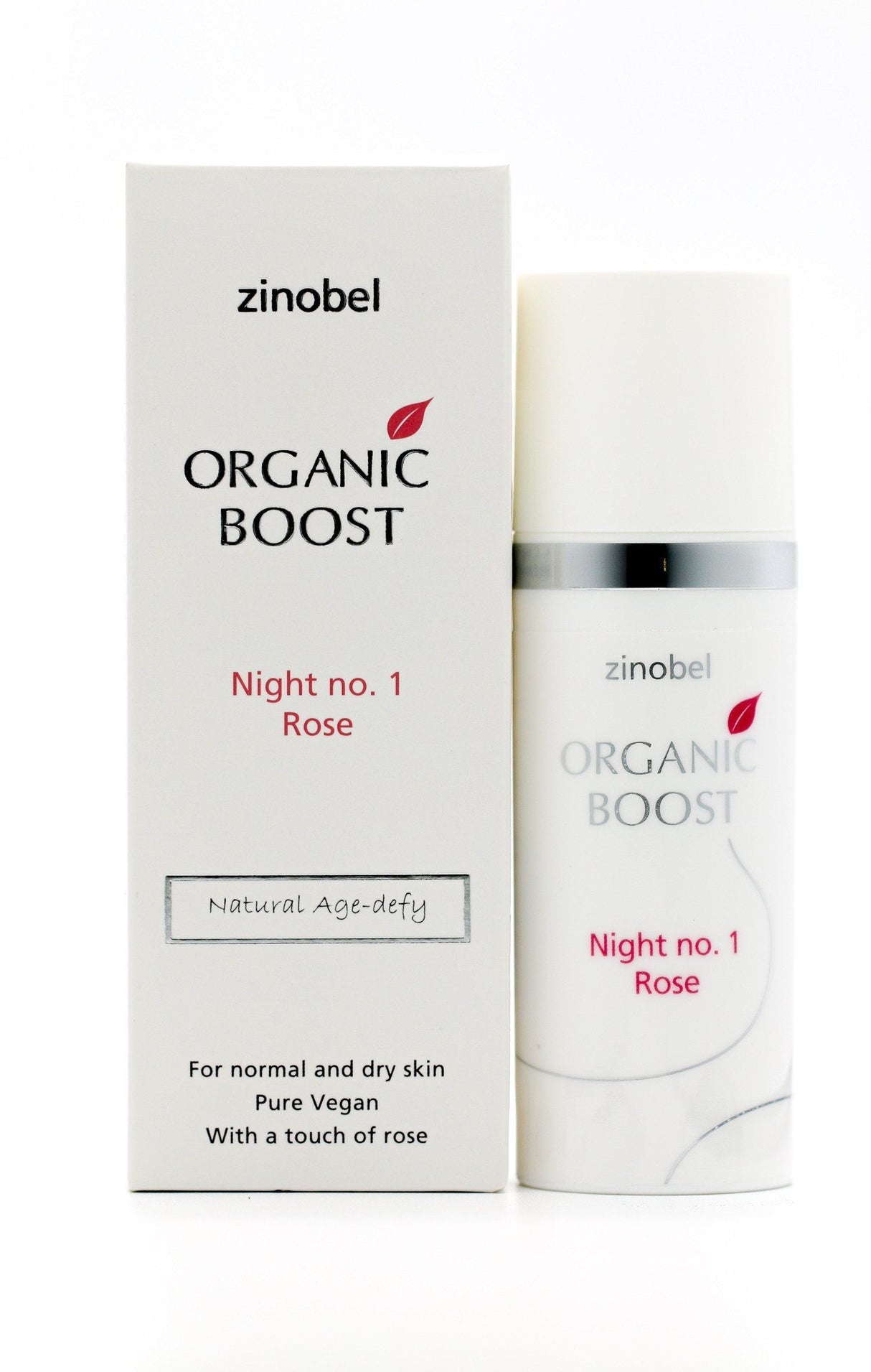 Zinobel Organic Boost Night No. 1 Rose 50 ml hvit i plast og papp, vist i emballasje på hvit bakgrunn