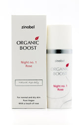 Zinobel Organic Boost Night No. 1 Rose 50 ml hvit i plast og papp, vist i emballasje på hvit bakgrunn