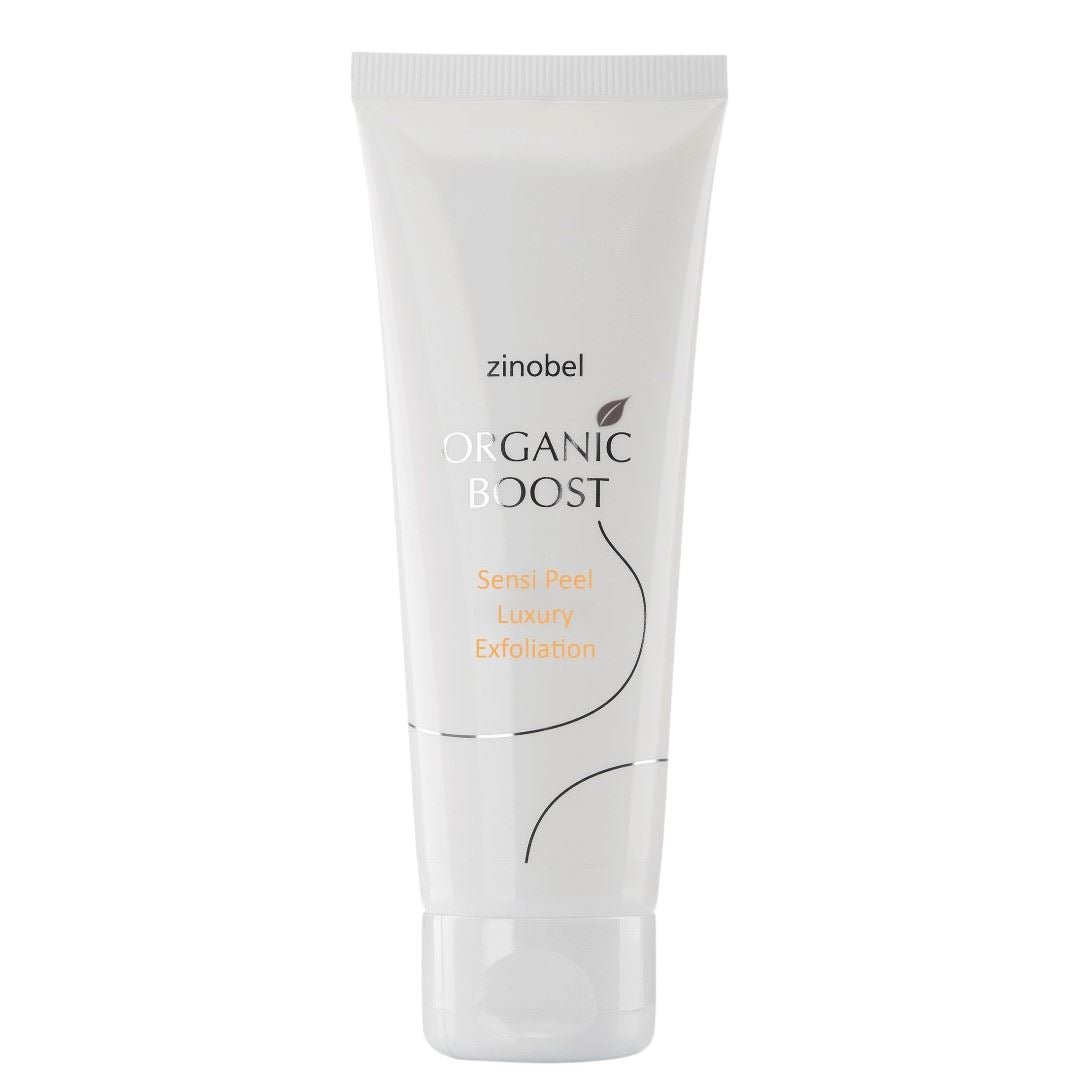 Zinobel Organic Boost Sensi Peel Luxury Exfoliation 75 ml hvit i plast, nærbilde av produktetiketten