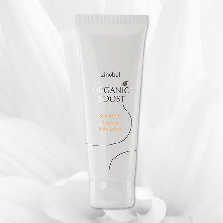 Zinobel Organic Boost Sensi Peel Luxury Exfoliation 75 ml hvit i plast, sett forfra mot hvit bakgrunn