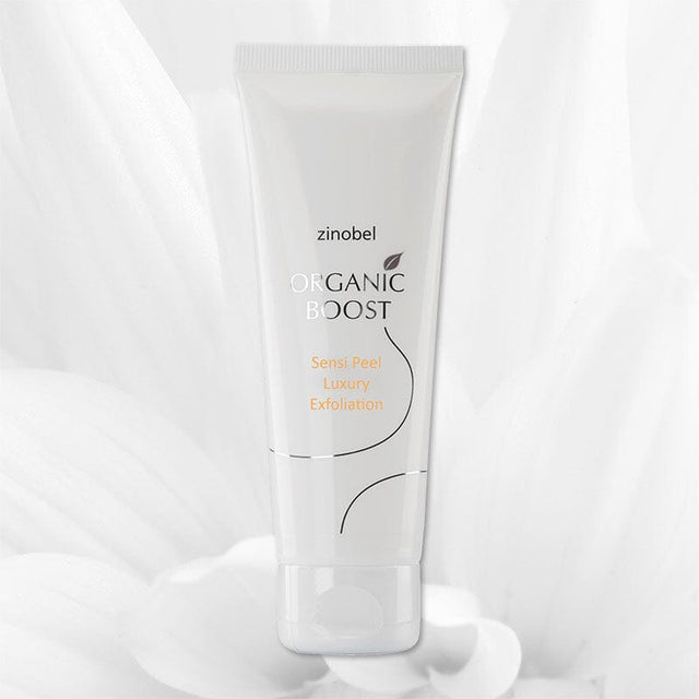 Zinobel Organic Boost Sensi Peel Luxury Exfoliation 75 ml hvit i plast, sett forfra mot hvit bakgrunn Suztain.no
