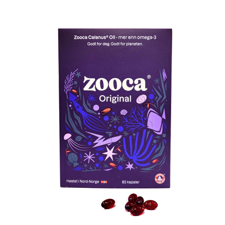 Zooca Omega-3 60 kapsler i lilla eske med maritimt design og synlige kapsler foran