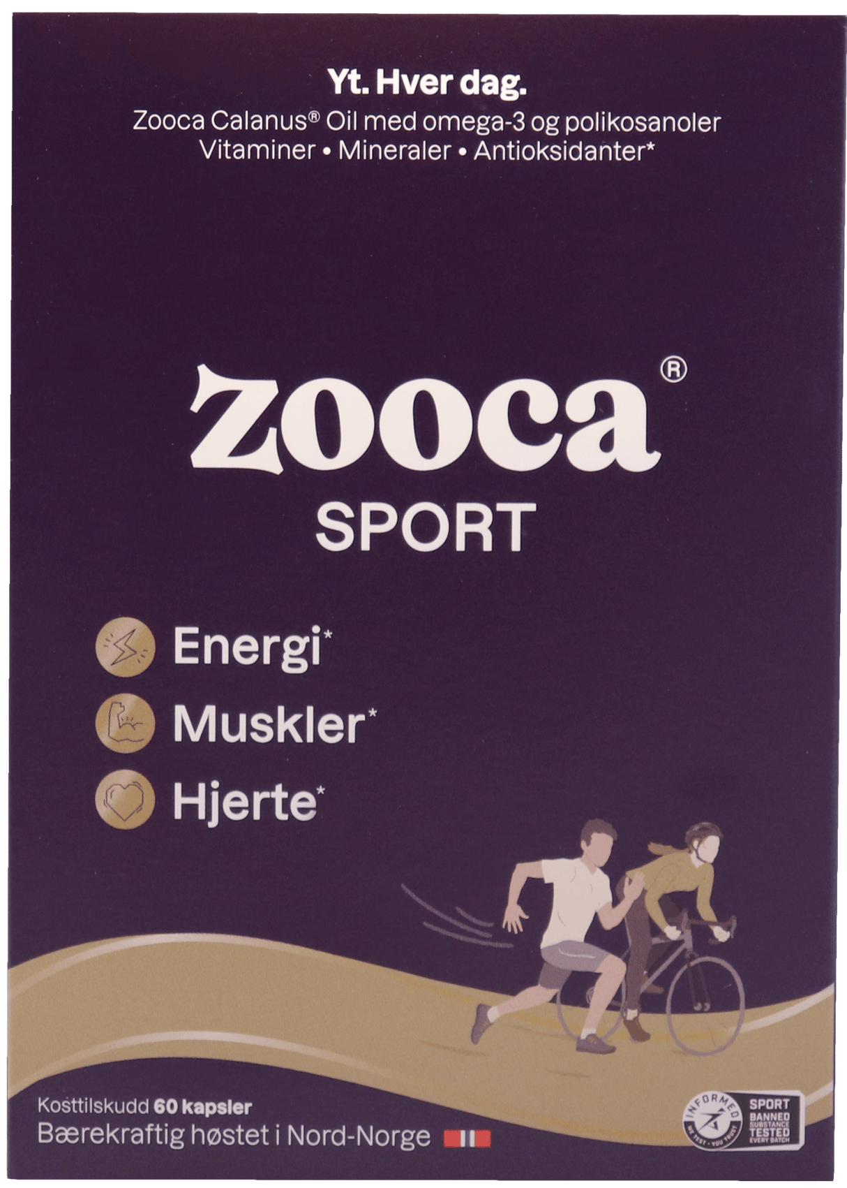 Zooca SPORT Omega-3 60 kapsler i mørk lilla eske med gullfarget illustrasjon av løper og syklist, sett forfra