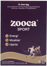 Zooca SPORT Omega-3 60 kapsler i mørk lilla eske med gullfarget illustrasjon av løper og syklist, sett forfra