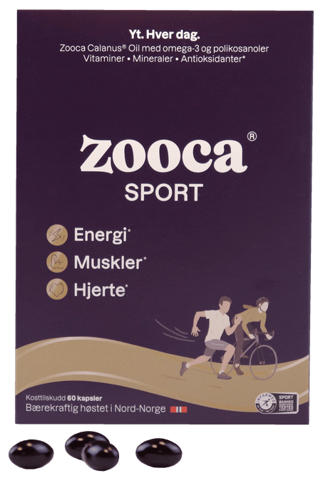 Zooca SPORT Omega-3 60 kapsler i mørk lilla eske med gullfarget illustrasjon av løper og syklist, sett ovenfra