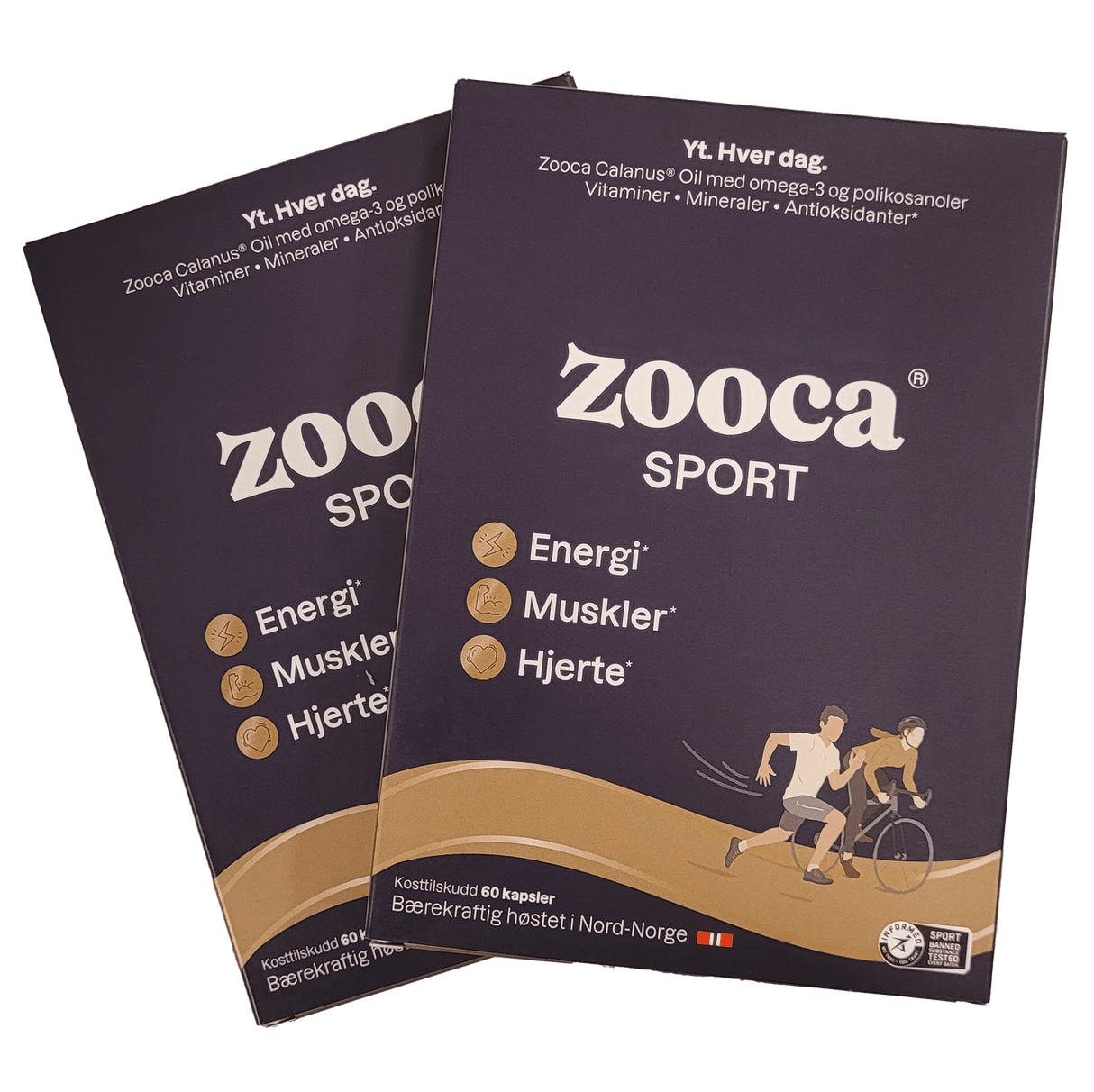 Zooca SPORT Omega-3 60 kapsler i mørk lilla eske med gullfarget illustrasjon av løper og syklist, to esker side ved side
